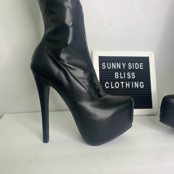 Black Faux Leather Thigh High Stiletto Boots Size 6 - Picture 4 of 14